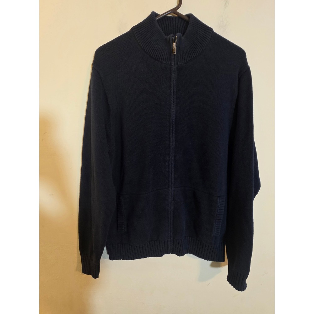 LL Bean Mens Full Zip Mock Neck Cardigan Sweater Navy Blue 100% Cotton Medium M